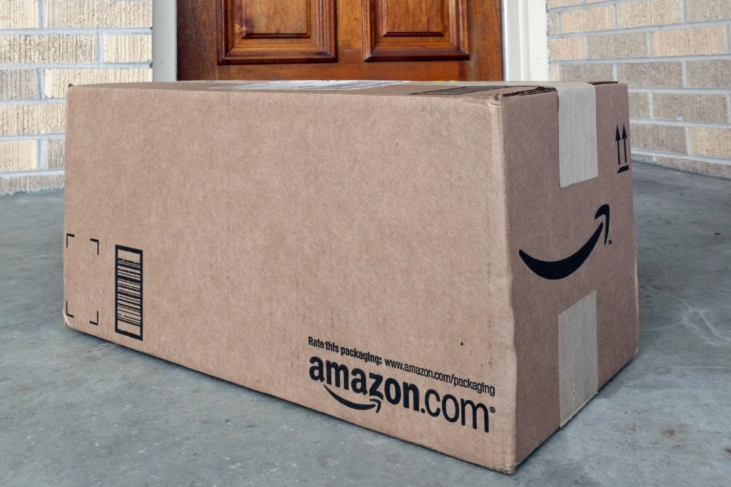 amazon package in front of a door