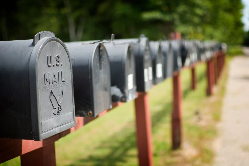 US mailboxes are positioned adjacently to one another