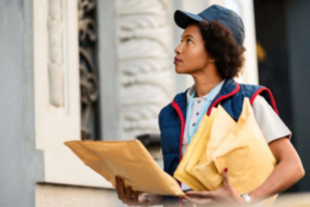 postal service worker carrying letters and packages